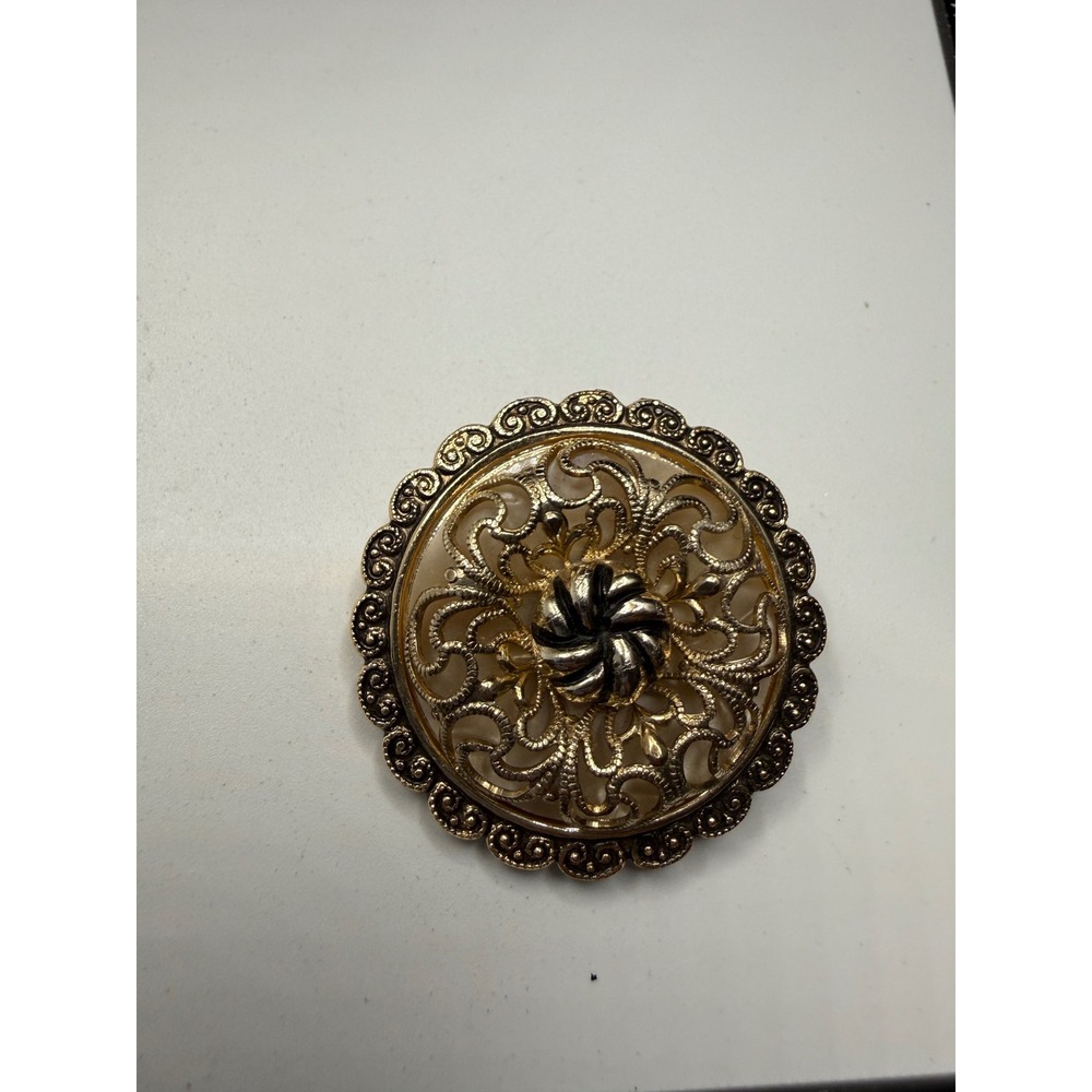 Vintage W. Germany Gold Tone Scarf Clip Filigree Openwork Floral Round Accessory